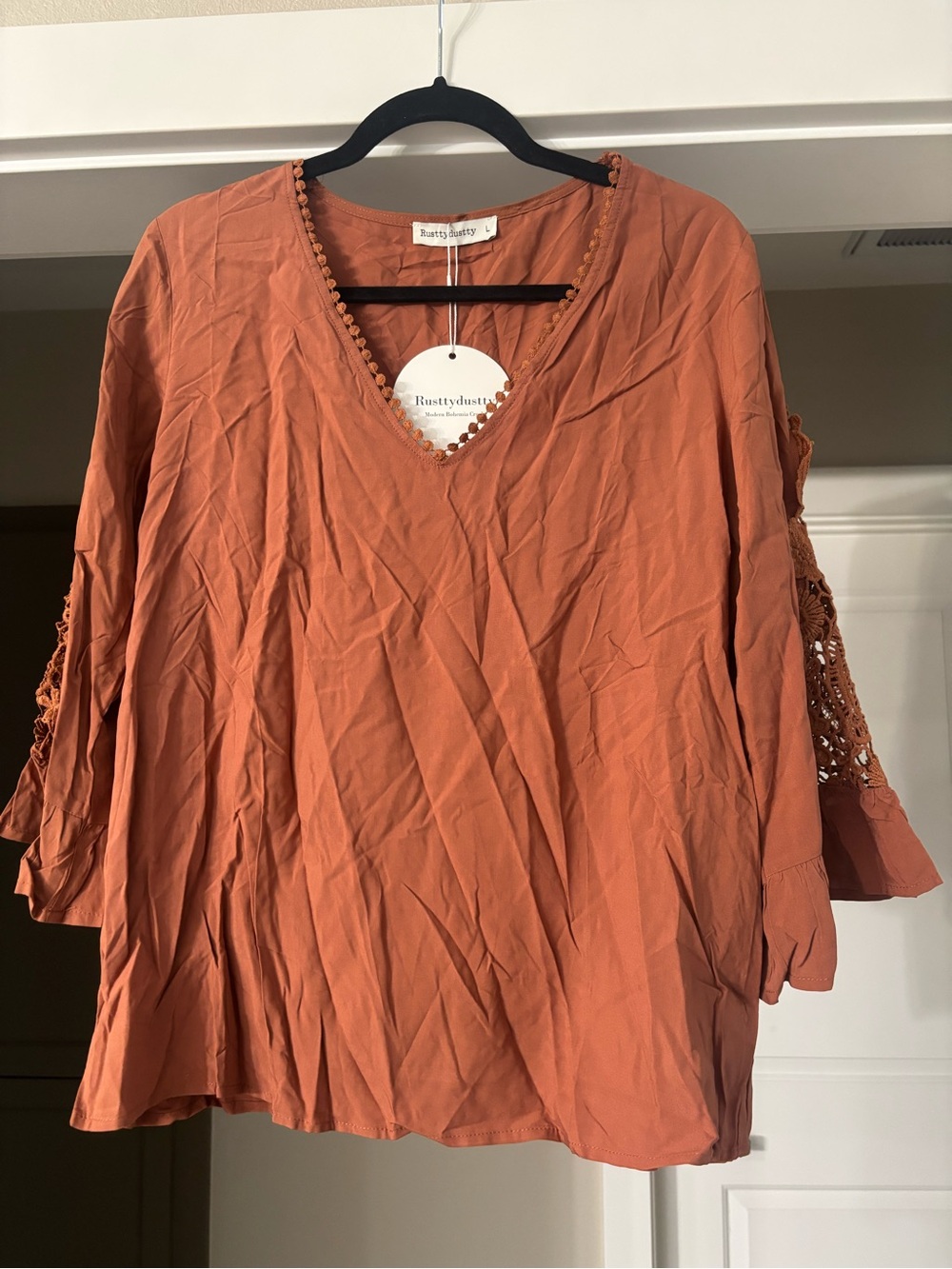 RusttyDustty Women's V-Neck Crochet Sleeve Blouse - Rust Orange - Picture 2 of 5